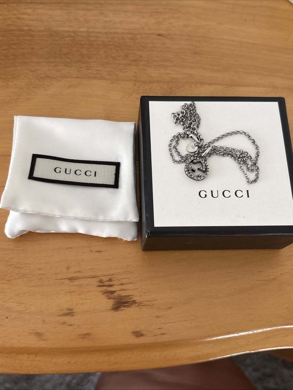 Gucci 925 Silver Interlocking Double G Logo Textured Pendant Rolo Necklace 19" - Picture 10 of 16